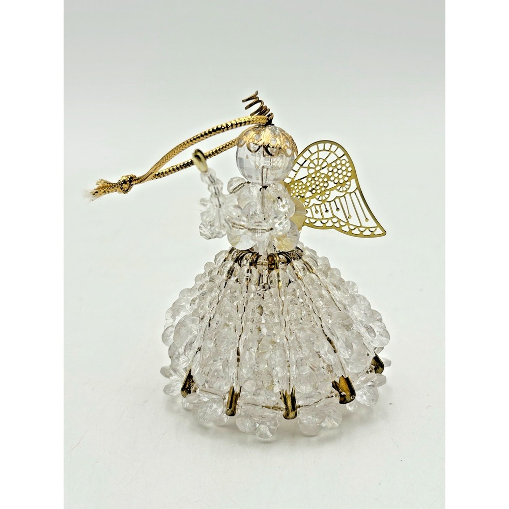 Vintage Angel Beaded Safety Pin Ornament MCM Handmade Retro 3.5" Christmas